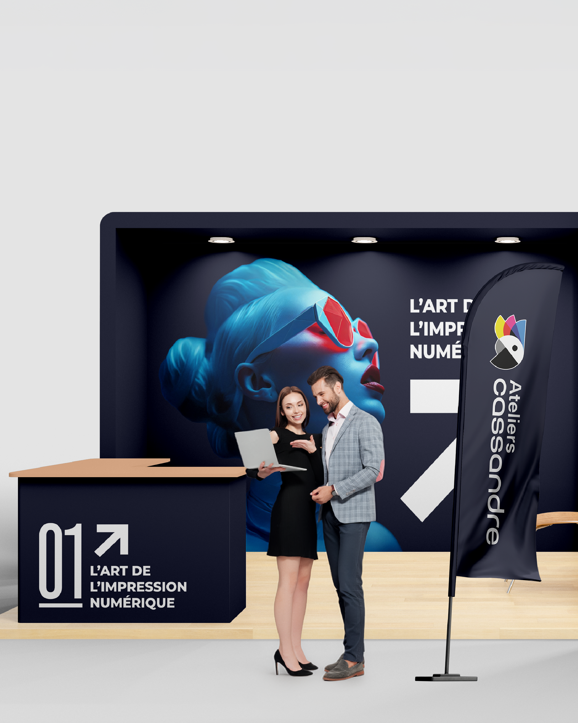 Stand modulaire Ateliers Cassandre avec beach flag et comptoir d'accueil